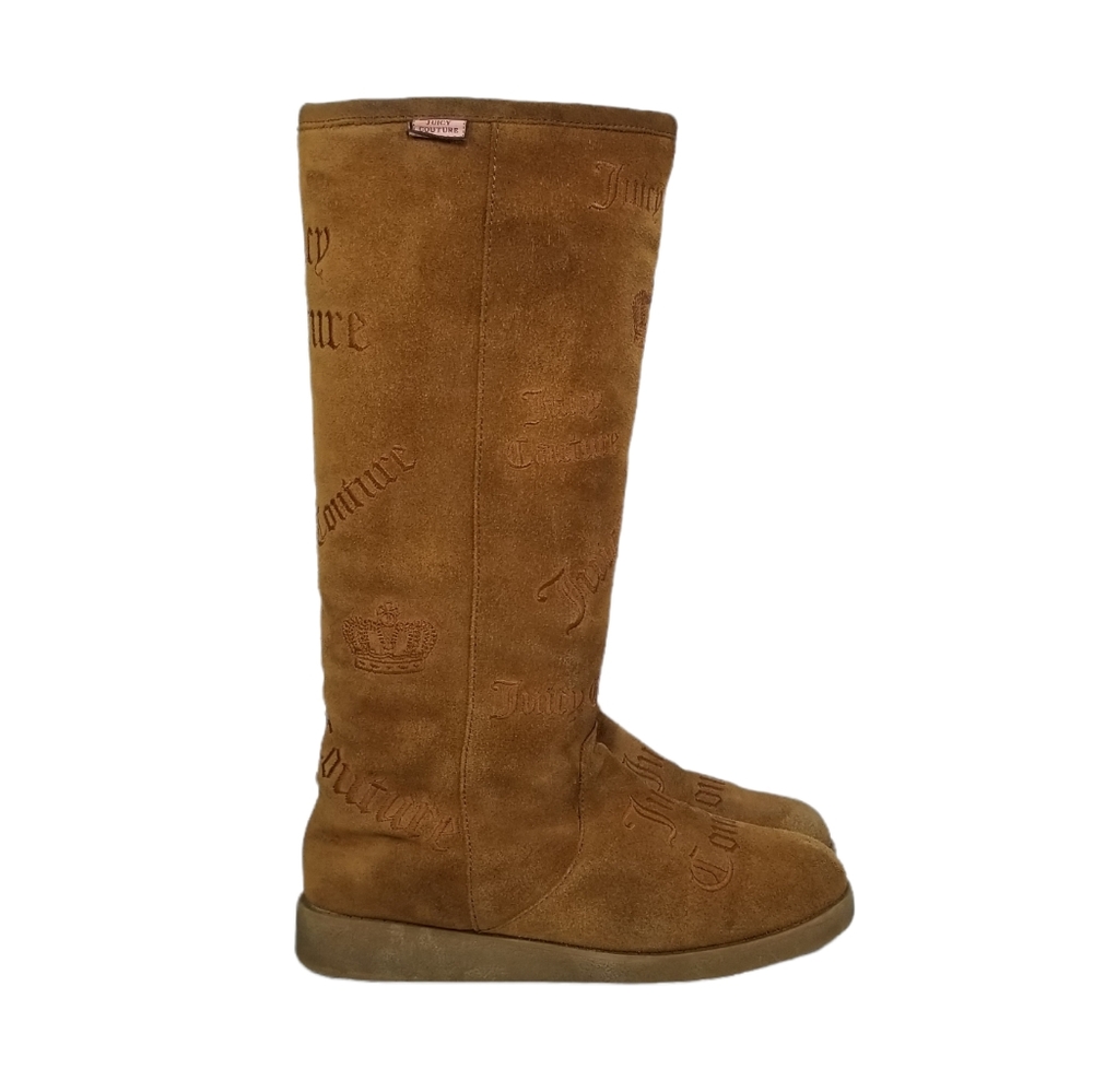 Juicy Couture Angel Logo Knee High Suede Boots in Tobacco Tan Womens Size 7 7.5